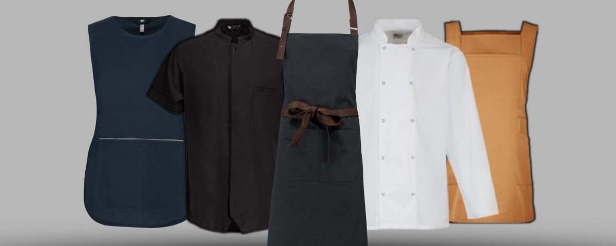 tablier de cuisine noir, blouse de cuisine blanche, chasubles bleu et orange, blouse de santé noire